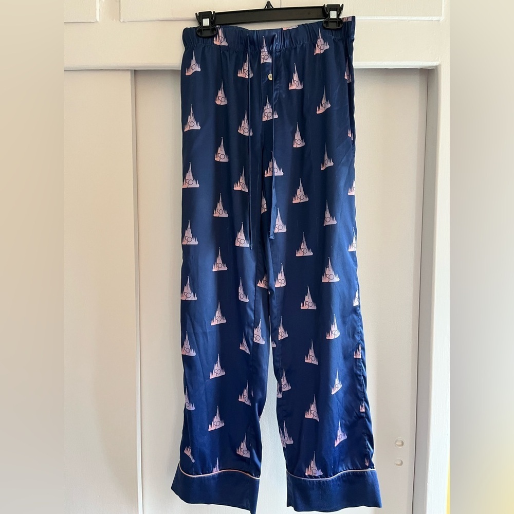 Disney Womens Pajama Pants Small Blue Satin 50th Anniversary Cinderella Castle